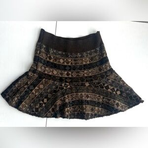 Furst of a Kind Knit Mini Skirt Brown‎ Geometric Boho Flare XS/S